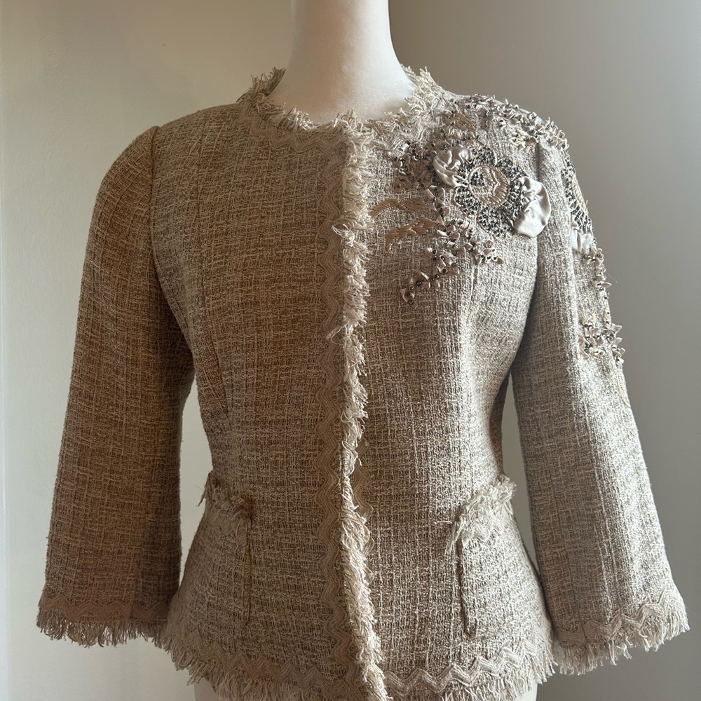 Teri Jon Tan Blazer with Textured Knit Design
